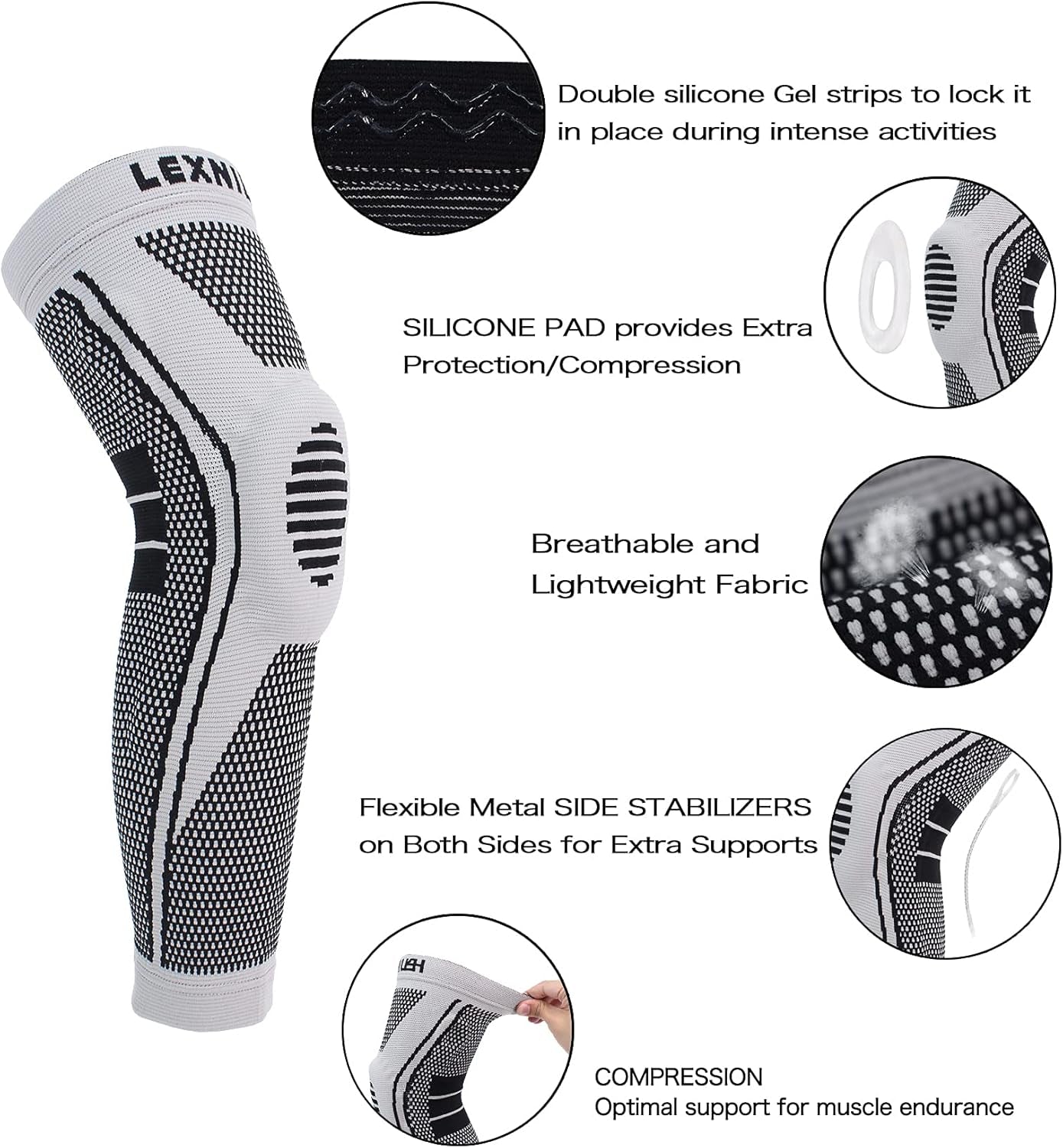 Professional Knee Brace Compression Sleeve - Full Leg Sleeves Long Compression Leg Sleeve Knee Braces for Women and Men, Knee Sleeves Support with Patella Gel Pads & Side Stabilizers for Running,Meniscus Tear,Arthritis,Joint Pain Relief